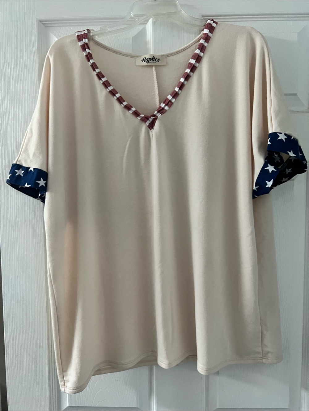 Women's Cream V-Neck Top with Flag Accent